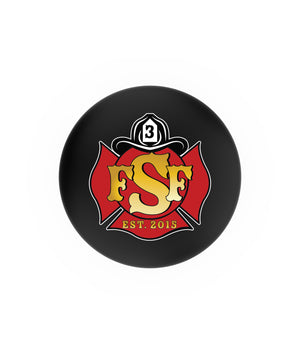 Top view of custom firefighter furniture barstool with swivel and custom logo on padded seat