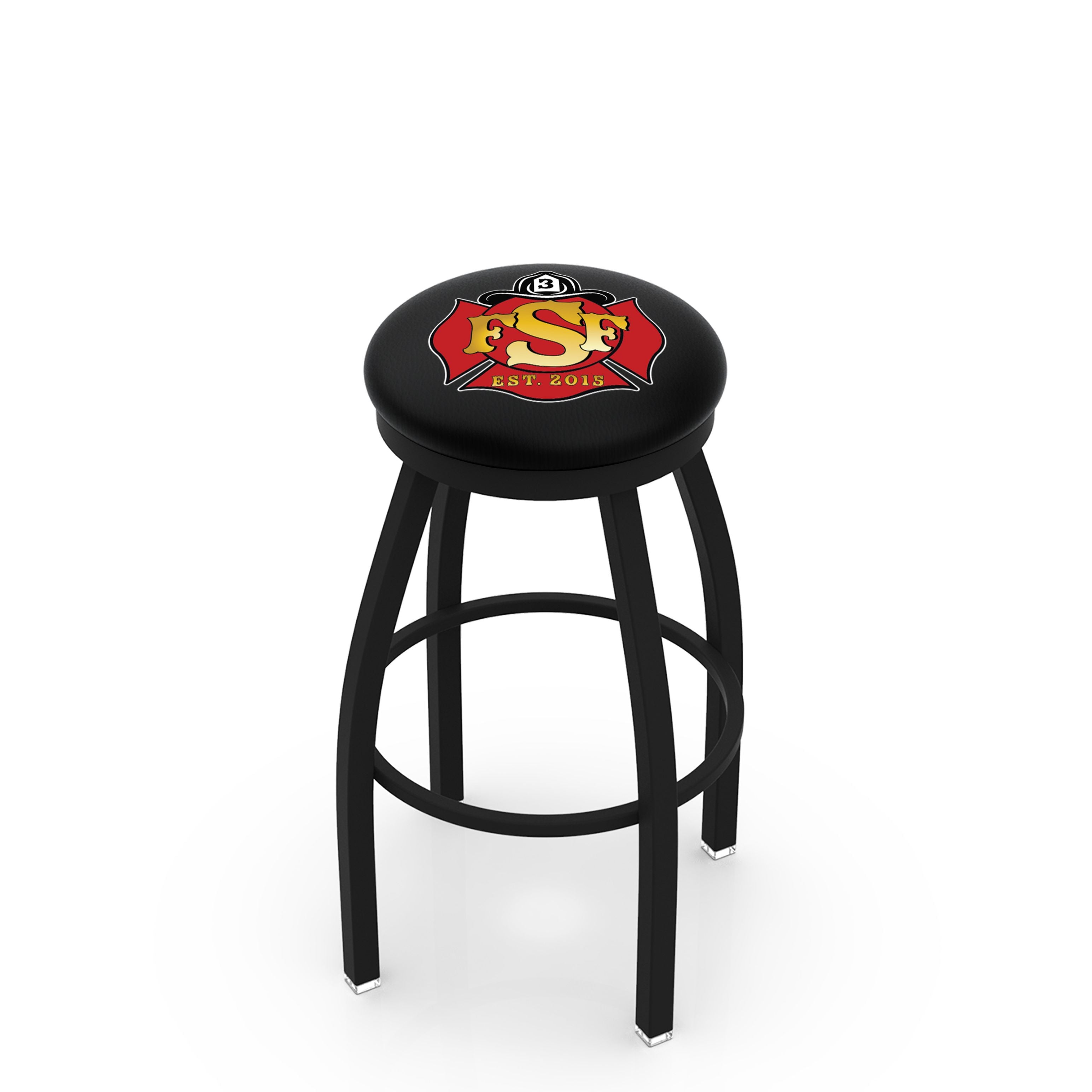 Black, custom firefighter furniture barstool with swivel and custom logo on padded seat