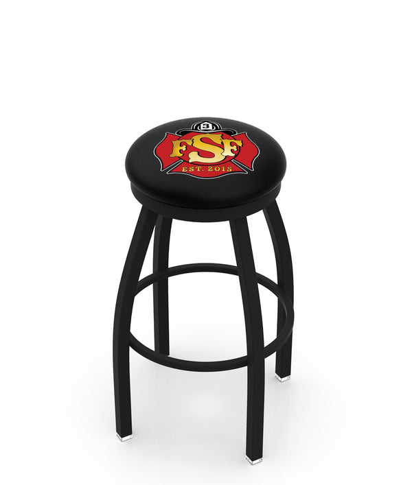 Black, custom firefighter furniture barstool with swivel and custom logo on padded seat