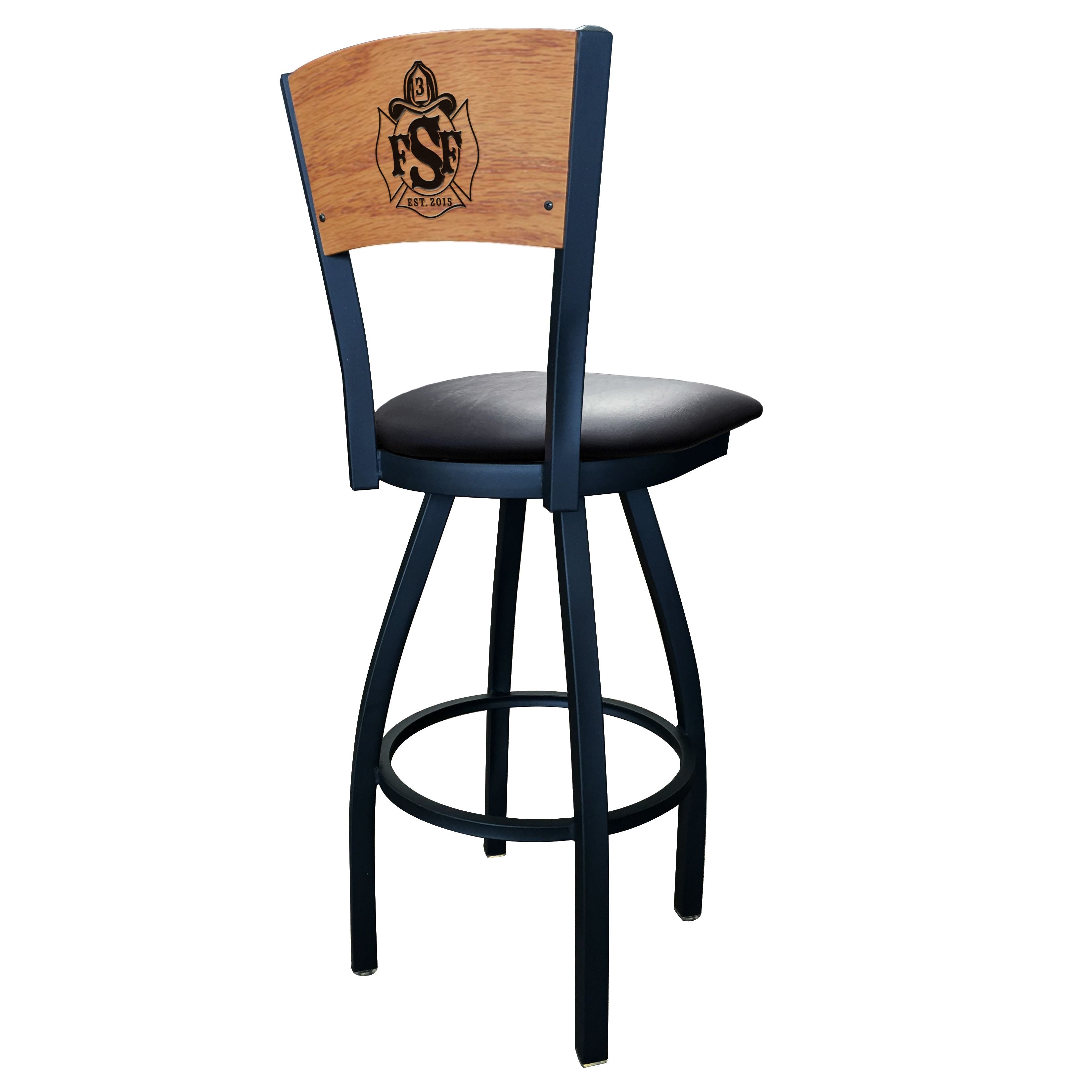 Custom American firehouse furniture swivel barstool with wood back and custom logo, black vinyl seat and powder coated frame