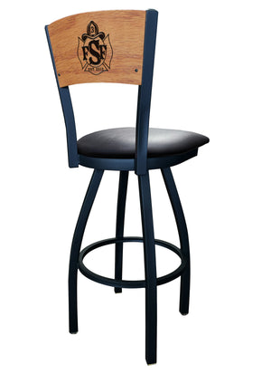 Custom American firehouse furniture swivel barstool with wood back and custom logo, black vinyl seat and powder coated frame