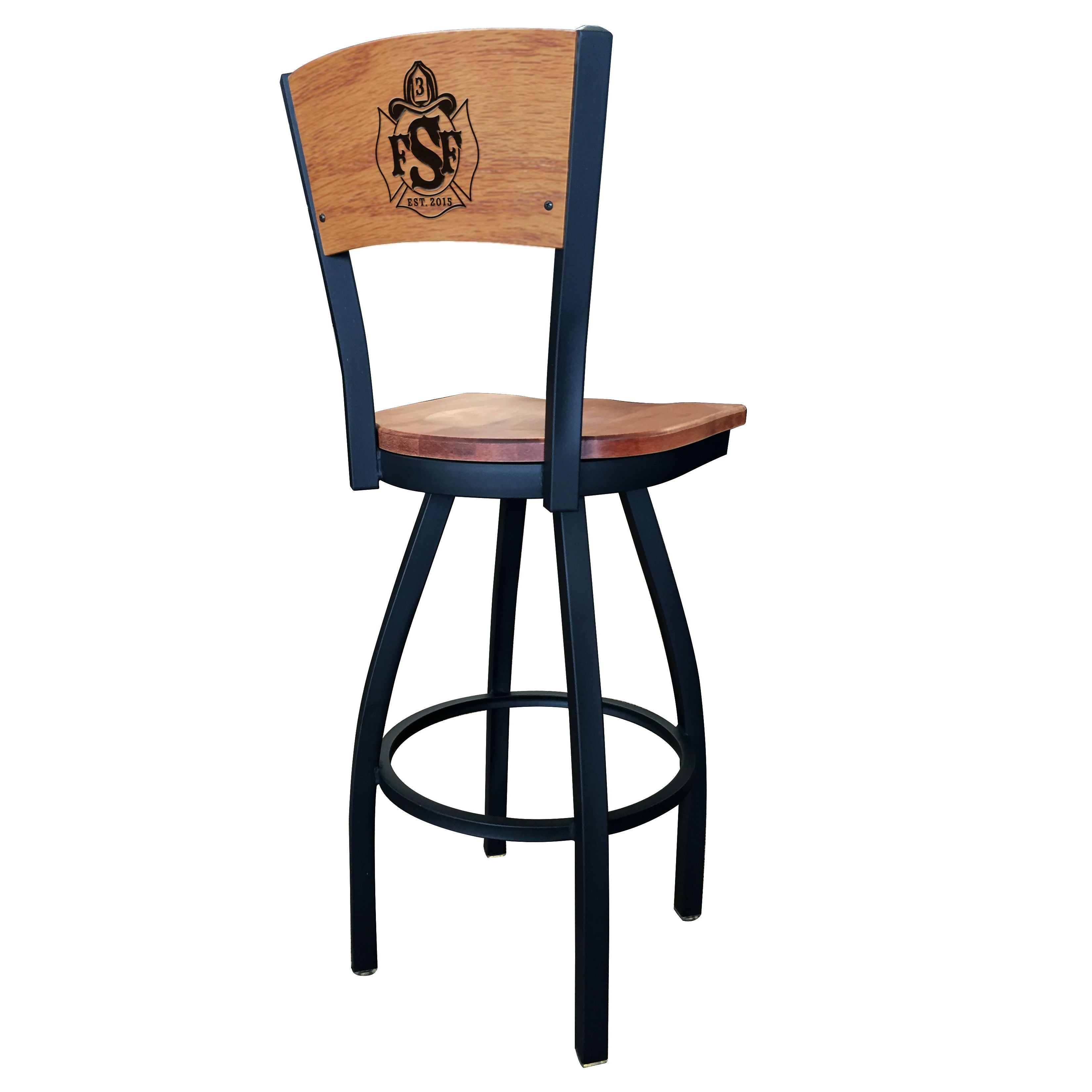 Custom American firehouse furniture swivel barstool with wood back and custom logo, wood seat and powder coated frame
