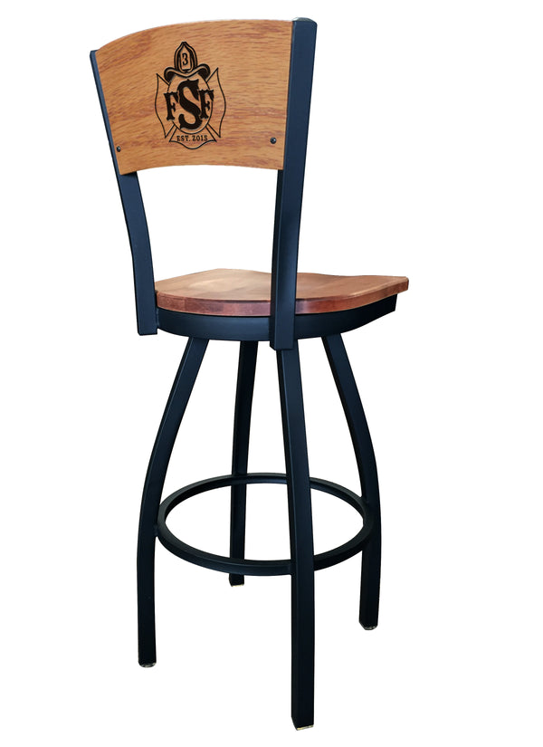 Custom American firehouse furniture swivel barstool with wood back and custom logo, wood seat and powder coated frame