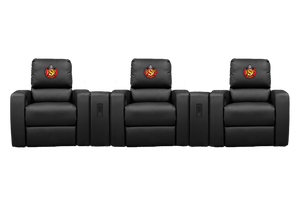 Front view of embroidered theater seating with three fire department recliners with logo embroidered on all top cushions 