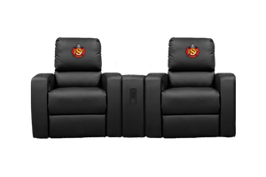 Front view of embroidered theater seating with two fire department recliners with logo embroidered on all top cushions 