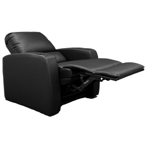 Angled side view of black firehouse recliner with foot reclined and headrest reclined