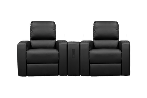 Front view of black theater seating with two firehouse recliners