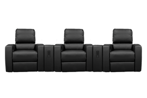 Front view of black theater seating with three firehouse recliners