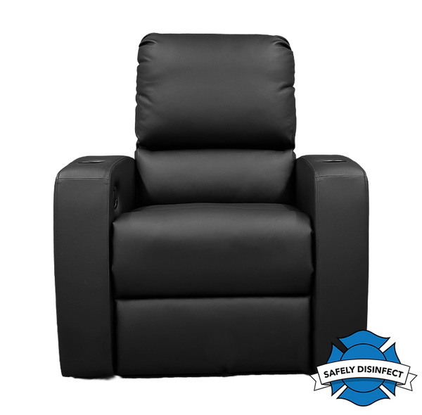 Front view of black theater fire station recliner with "safely disinfect" logo on image