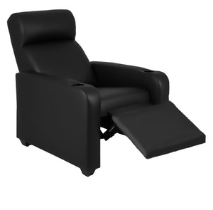 Side view of black, hospitality-grade synthetic leather, theater-style fire department recliner fully reclined 