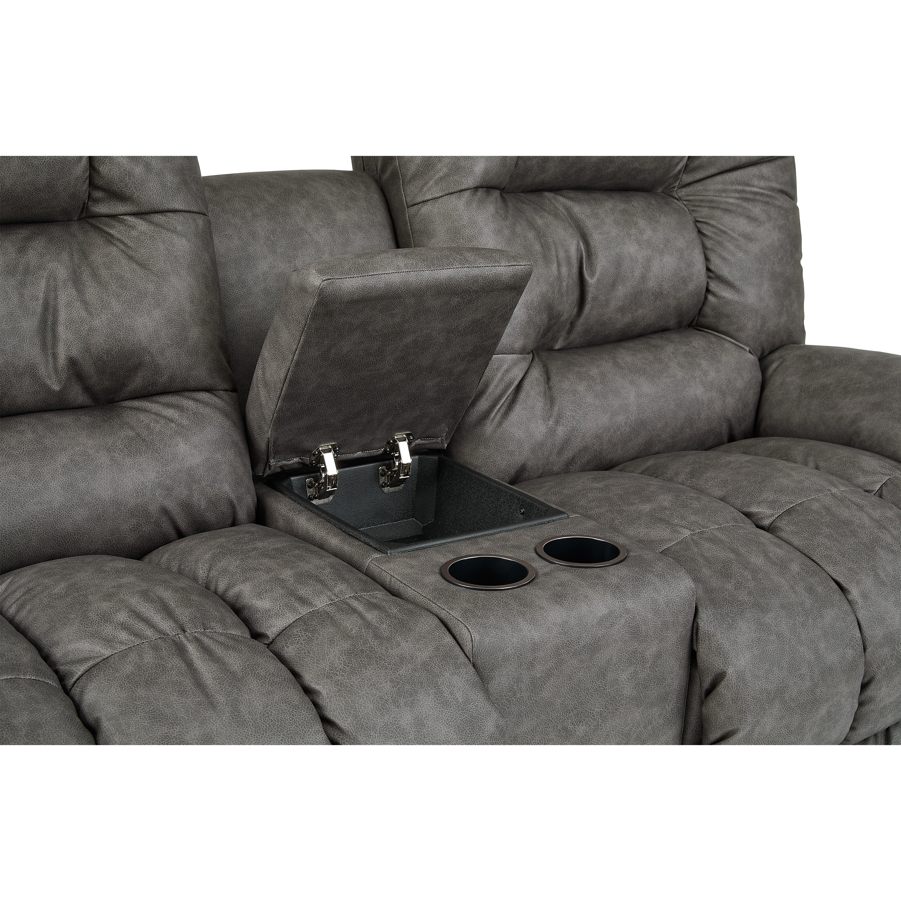 Close up view of the console of the polyester fabric slate gray dial manual reclining seats with armrest in-between the two firehouse chairs