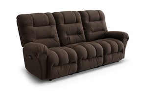 Angled side view of a brown colored double reclining, fire department recliners with three seats