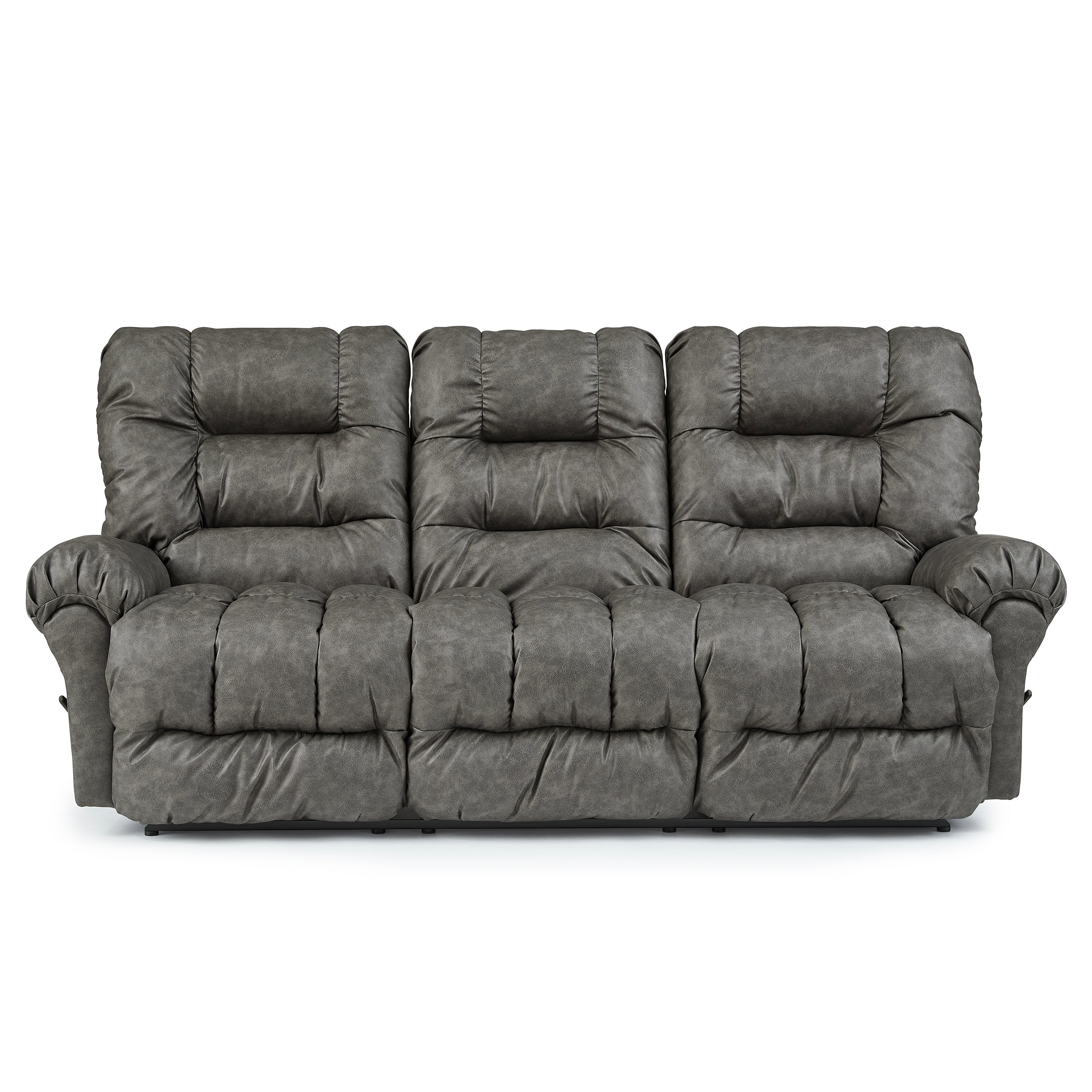 Front view of a slate colored double reclining, fire department recliners with three seats