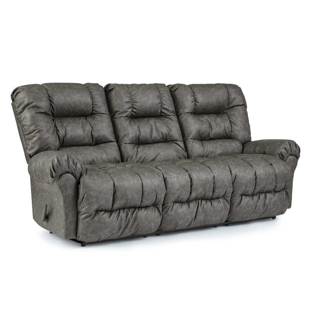 Angled side view of a slate colored double reclining, fire department recliners with three seats