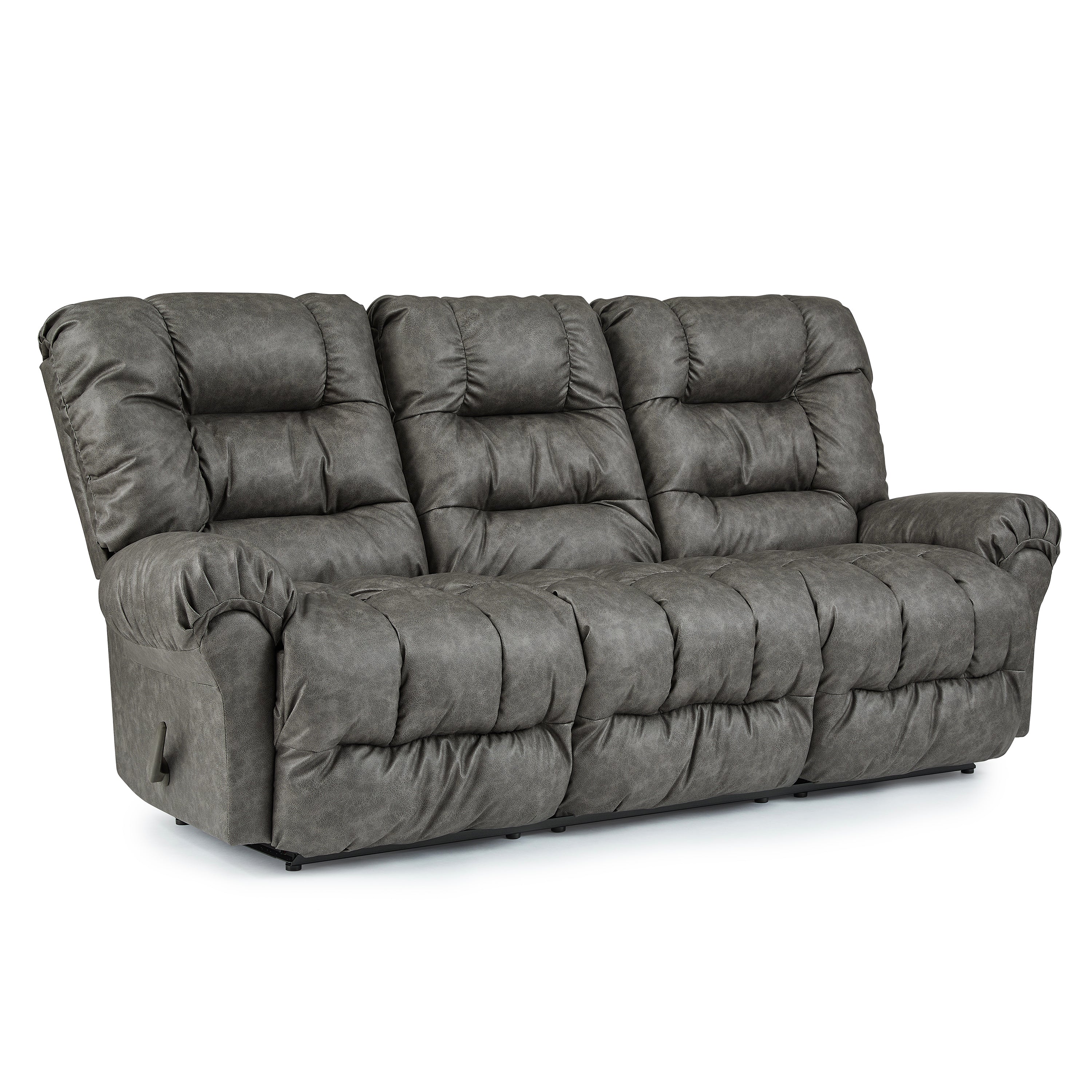Angled side view of a slate colored double reclining, fire department recliners with three seats