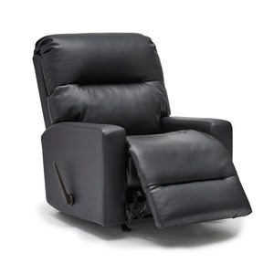 Angled side view of black fireman recliner with footrest slightly opened