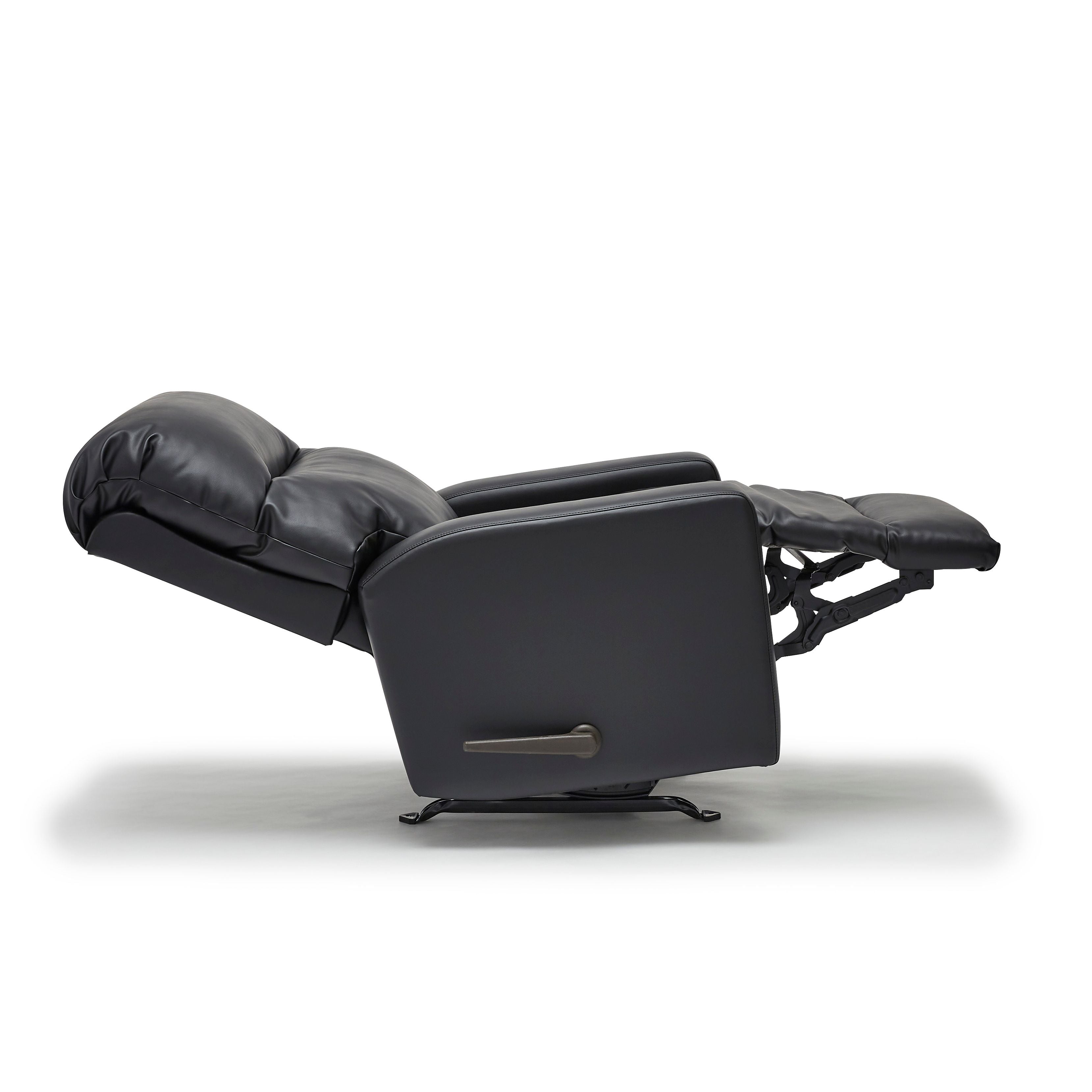 Black fireman recliner fully reclined with footrest extended