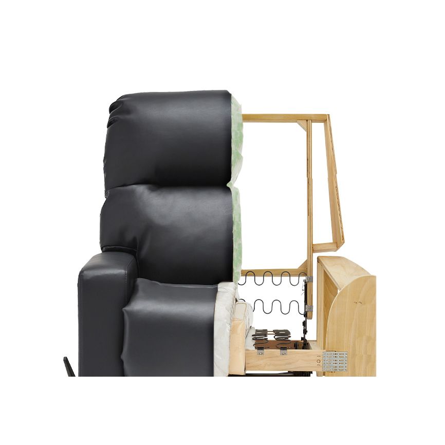 Black fireman recliner with half the recliner exposed to show inside of recliner with wood, springs, and other mechanics 