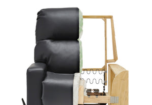 Black fireman recliner with half the recliner exposed to show inside of recliner with wood, springs, and other mechanics 