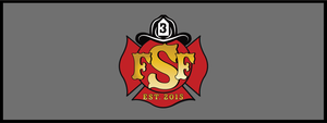 Gray custom firehouse table with FSF Est. 2015 logo in the center