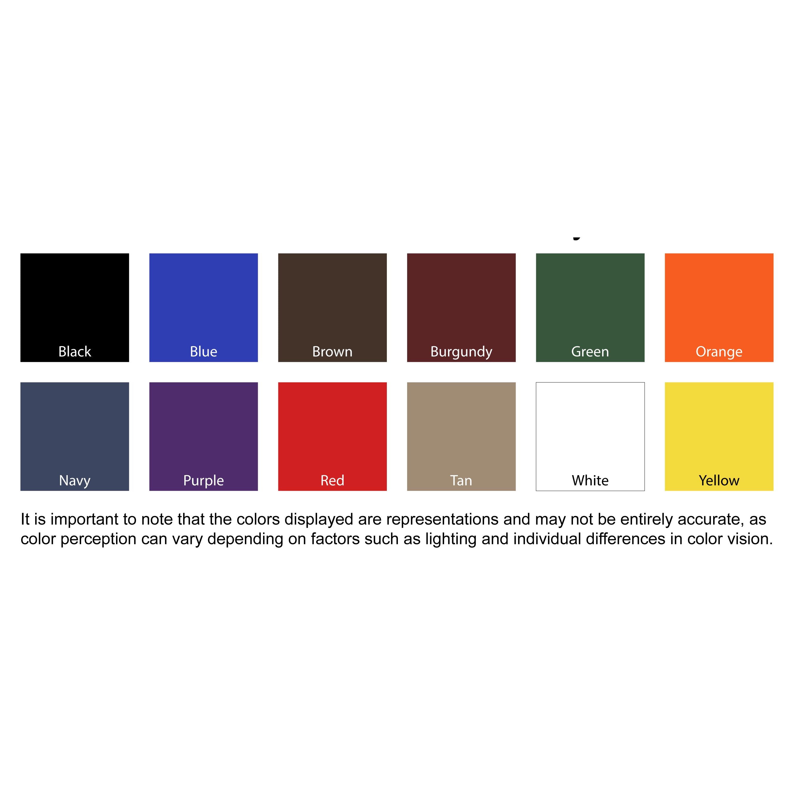 Color swatches available for the custom firehouse barstool with back which include black, blue, brown, burgundy, green, orange, navy, purple, red, tan, white, yellow