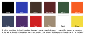 Color swatches available for the fire station barstool with back which include black, blue, brown, burgundy, green, orange, navy, purple, red, tan, white, yellow