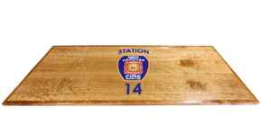 Custom wood top firehouse table with Station 14 New Hanover Fire Rescue logo
