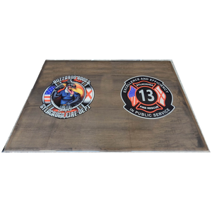 Custom firehouse table with two logos for the Sylacauga Fire Department