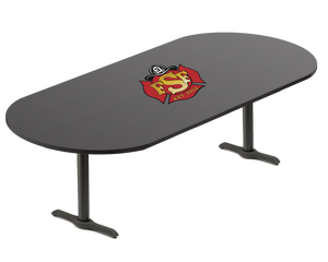 Black, oval shaped, laminate-top, custom firehouse table with fire station logo in center