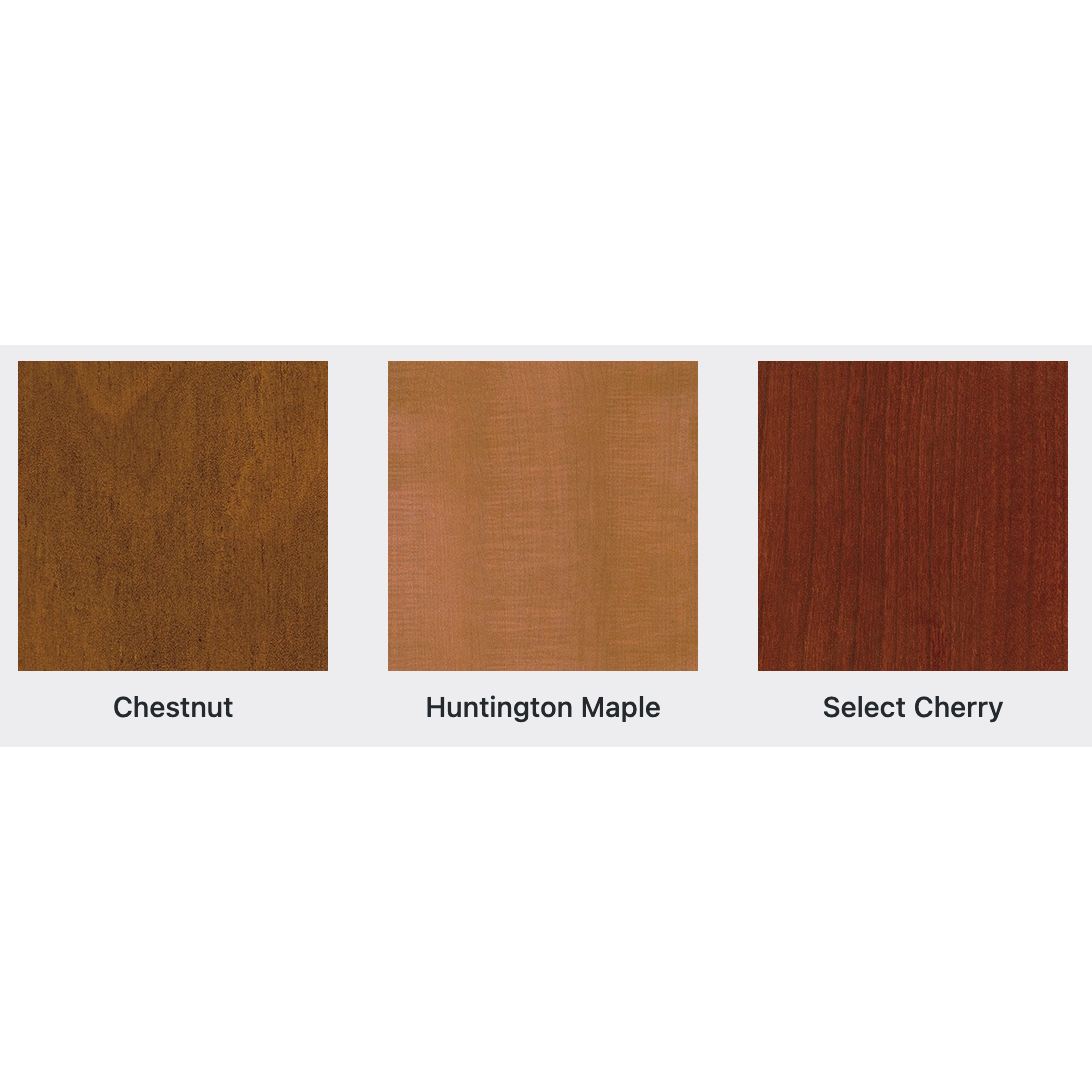 Three color swatch options for the Firehouse Collection Steel Side Firehouse Table including Chestnut, Huntington Maple, and Select Cherry