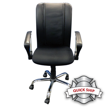 Black fire house chair with synthetic leather, armrests, and wheels with "quick ship" logo on image