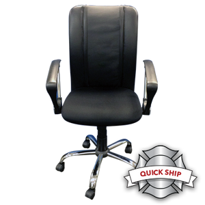 Black fire house chair with synthetic leather, armrests, and wheels with "quick ship" logo on image