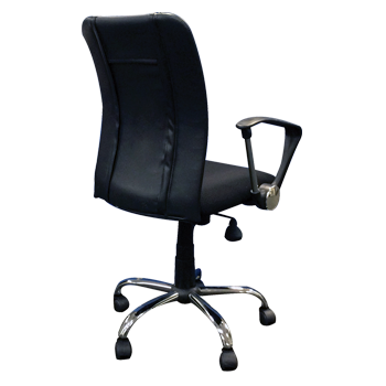 Back view black fire house chair with synthetic leather, armrests, and wheels