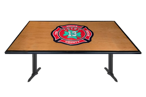 Custom firehouse dining table with wood top that can be customized with your firehouse logo or patch
