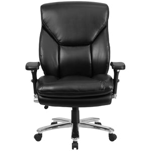 Front view of a black leather executive dispatcher chair w/lumbar adjustment and wheels