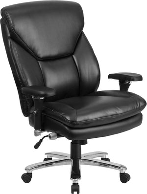 Side view of a black leather executive dispatcher chair w/lumbar adjustment and wheels