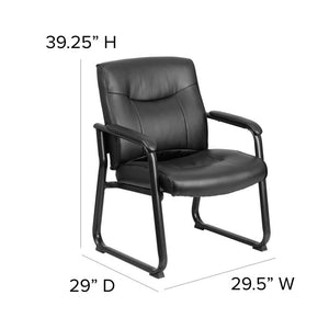 Angled side view of a black vinyl firefighter chair with size measurements outlined 39.25'' H, 29'' D, 29.5 W