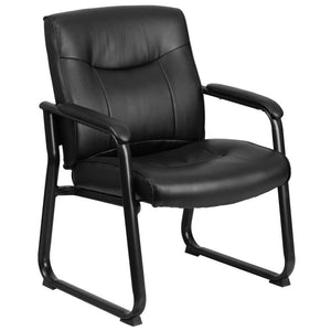 Angled side view of a black vinyl firefighter chair with a sled base frame