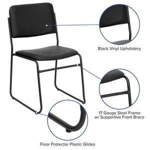 Black fire station chair with three additional images highlighting features of the chair which include black vinyl upholstery, 17 gauge steel frame w/supportive front brace, and floor protector plastic glides