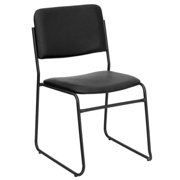 Black vinyl contemporary-style stacking fire station chair with black powder-coated frame finish