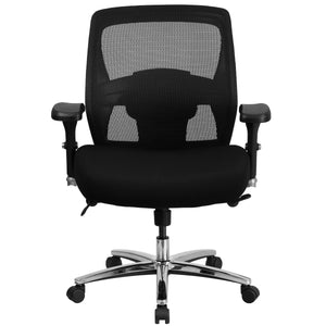 Front view of a black mesh executive ergonomic firefighter chair with a high back, padded black fabric seat on wheels