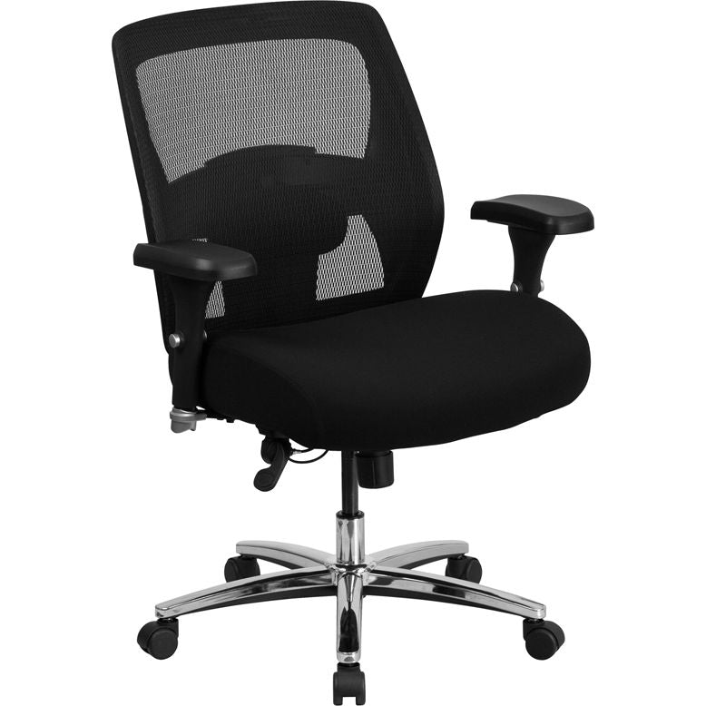 Angled side view of a black mesh executive ergonomic firefighter chair with a high back, padded black fabric seat on wheels