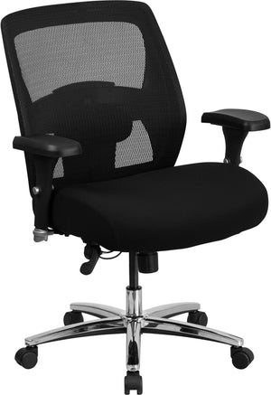 Angled side view of a black mesh executive ergonomic firefighter chair with a high back, padded black fabric seat on wheels