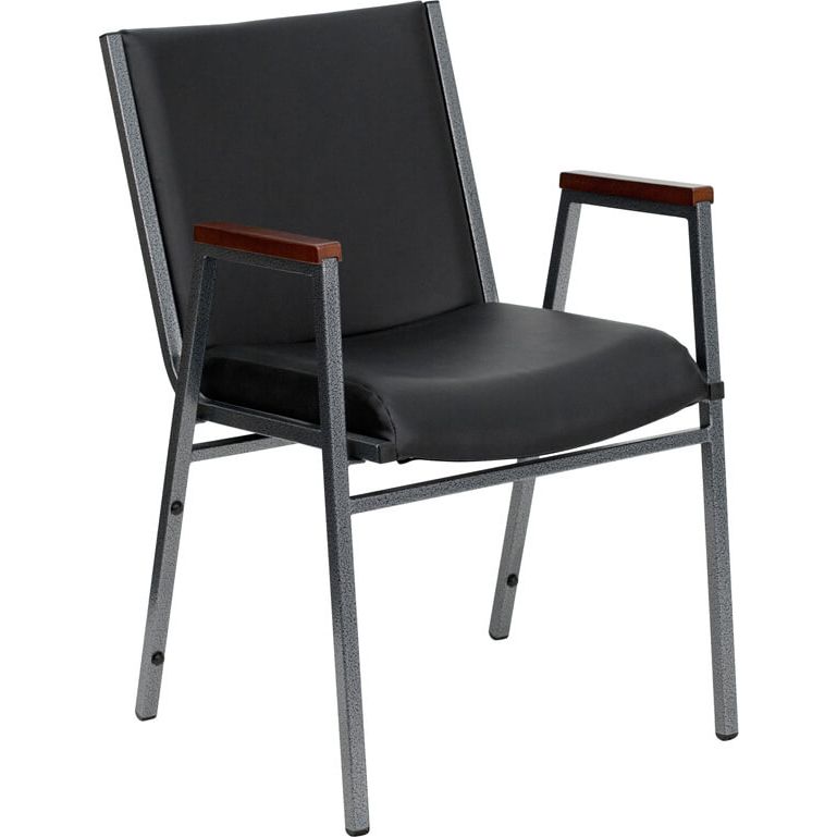 Black vinyl heavy-duty stack fire station chair with arms and silver vein powder coated frame finish
