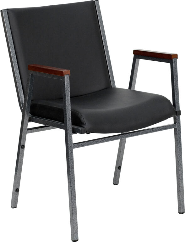 Black vinyl heavy-duty stack fire station chair with arms and silver vein powder coated frame finish
