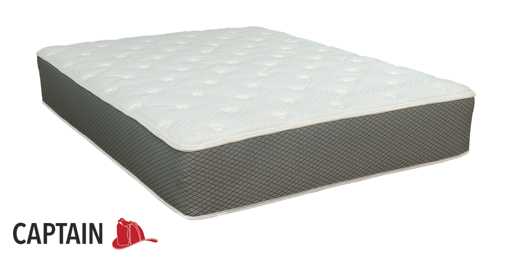 11'' all-foam firehouse mattress with latex and memory foam with Captain logo in lower left-hand corner of image