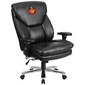 Side view of a custom firefighter chair in black bonded leather with lumbar adjustment, high back design, with wheels