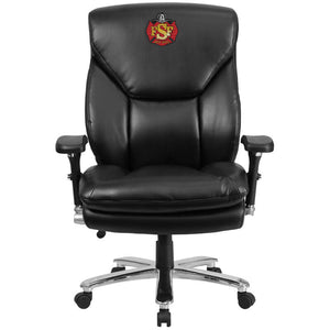 Front view of a custom firefighter chair in black bonded leather with lumbar adjustment, high back design, with wheels