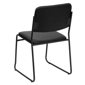 Back view of a black vinyl stacking custom firehouse chair with black powder-coated frame finish