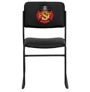 Front view of a custom firehouse chair in black with 17 gauge steel frame and black powder coated frame finish